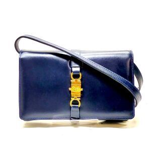 Auth Vtg Celine Small Navy Blue Polished Leather Trio Shoulder Bag 1970s Caleche